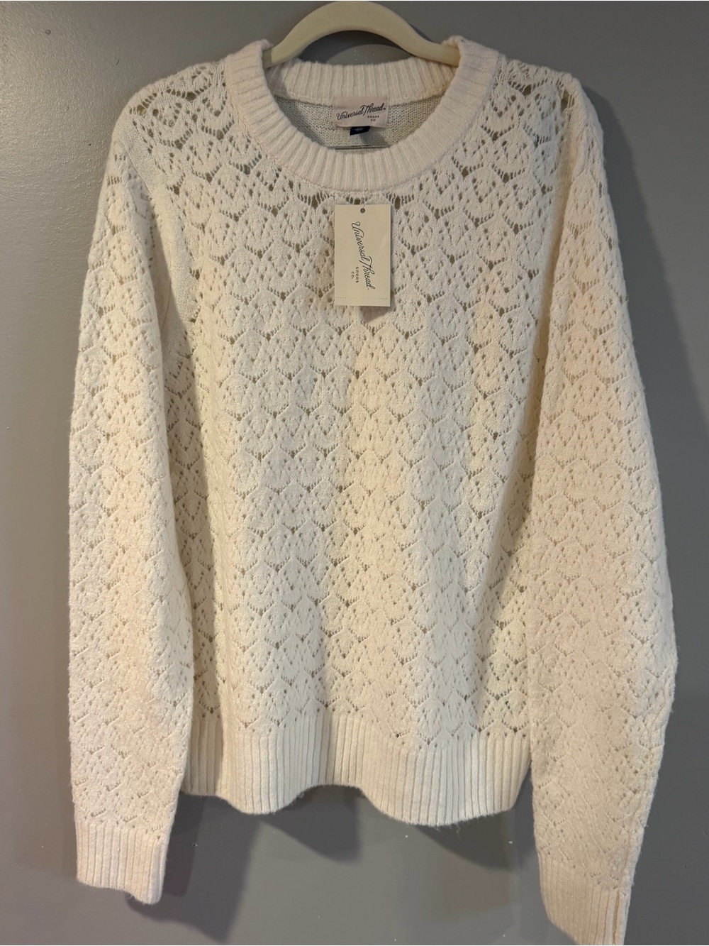 Universal Thread Cream Openwork Crochet Crewneck Sweater